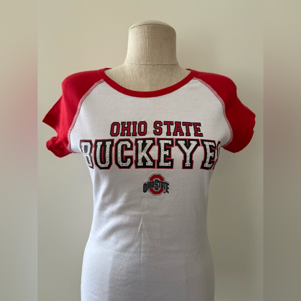 Officially Licensed Ohio State Buckeyes Women's Raglan-Style Jeweled T-Shirt - Picture 2 of 6